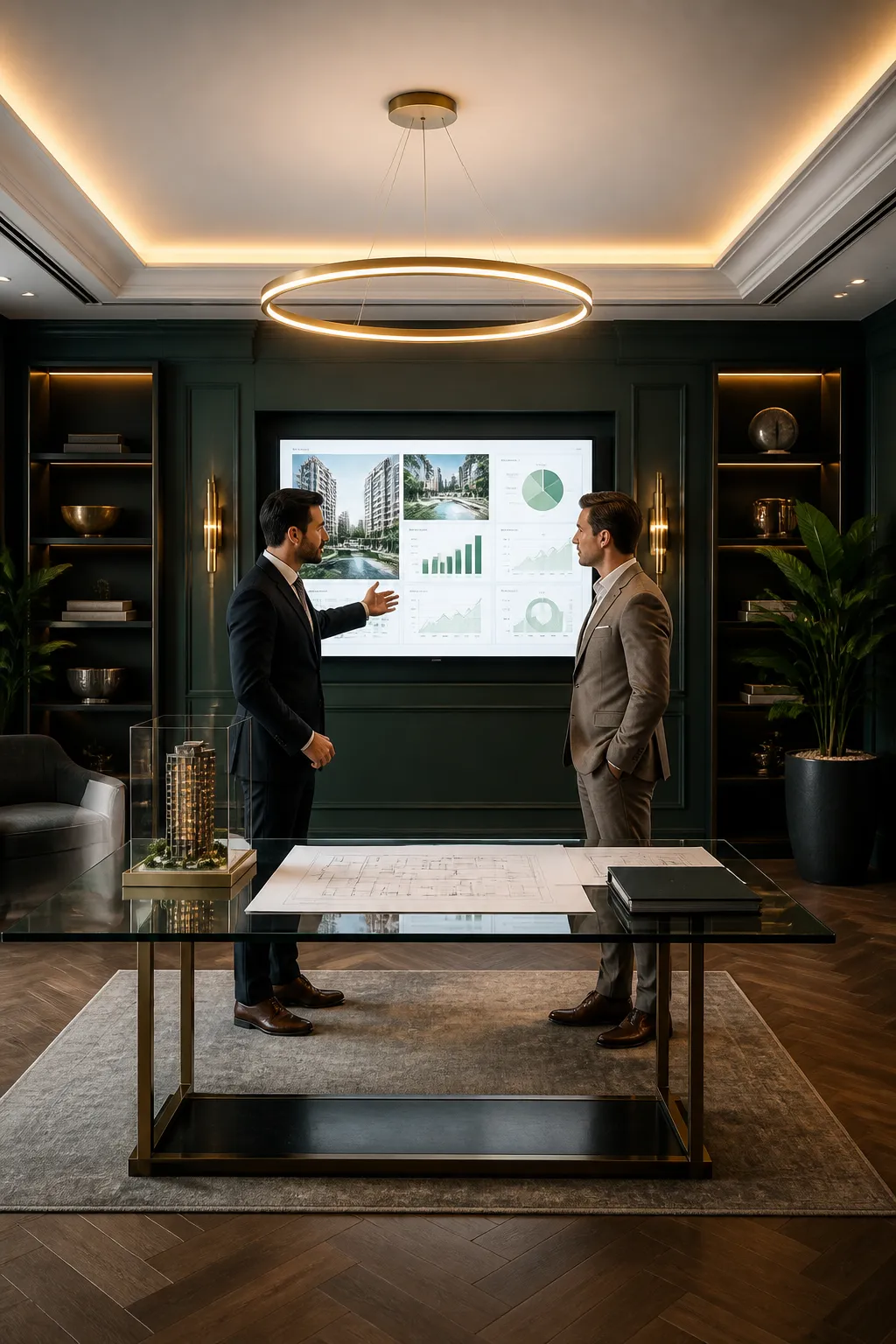 Real estate developer reviewing AI marketing dashboard with property agent